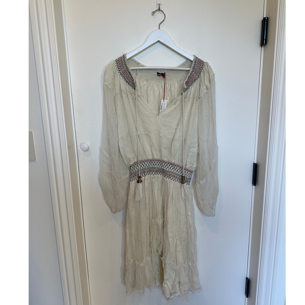 Gypsy Sins Romantic Blouson Midi Dress Cream Embroidered Tassel Size Large